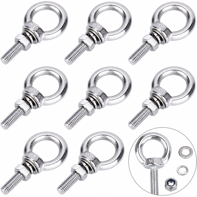Eye Bolts with Nuts, M10 8Pcs EyeBolts 304 Stainless Steel Machinery Shoulder Lifting Ring Eye Bolt Heavy Duty Screws Bolt with Lock Nuts & Lock Washers, Flat Washers - Thread Length 35mm M10, 8 Pack