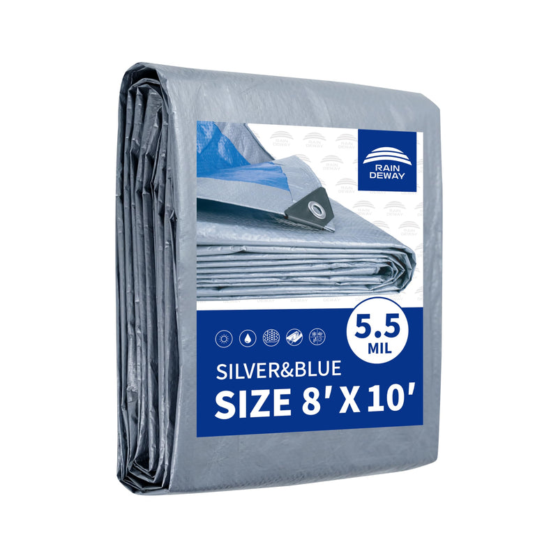 RAINDEWAY Tarps 8x10 Feet, 5.5 Mil - Multipurpose Waterproof Poly Tarp Cover with Metal Grommets and Reinforced Edges, Silver/Blue Tarp 8'×10'-Finished Size