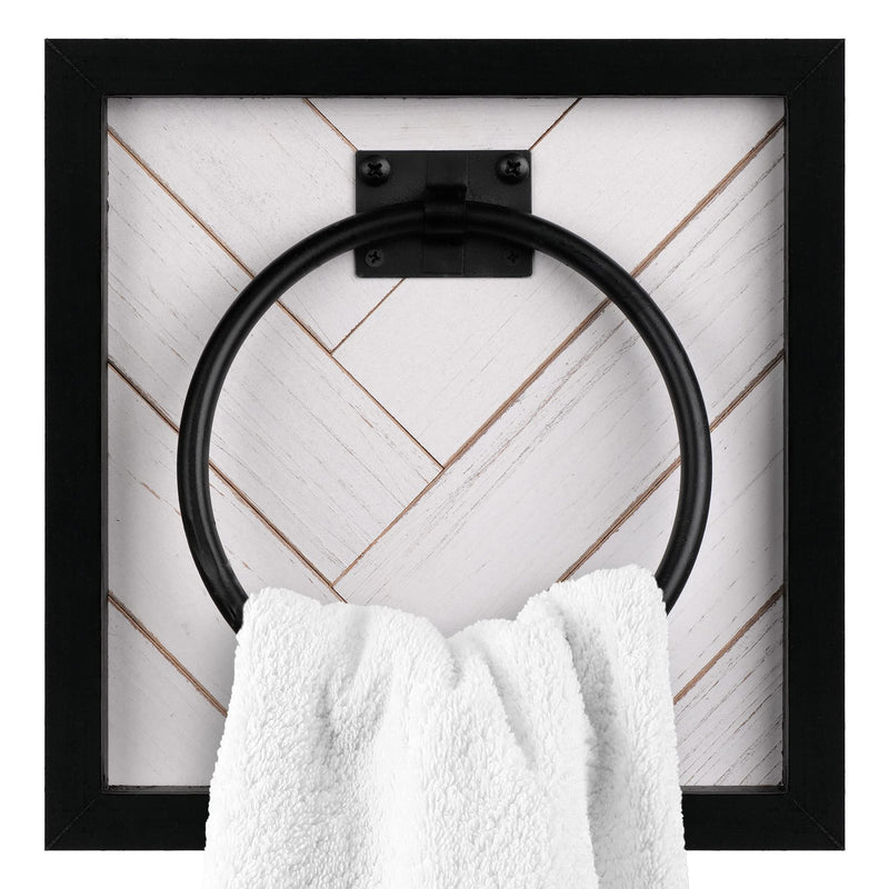 Autumn Alley Farmhouse Decor Hand Towel Ring for Bathroom - Rustic Hand Towel Holder - Rustic Towel Rack Ring Holder, Wall Mounted, Bathroom Decor Towels with Unique Shiplap, Black Ring, Wood, White