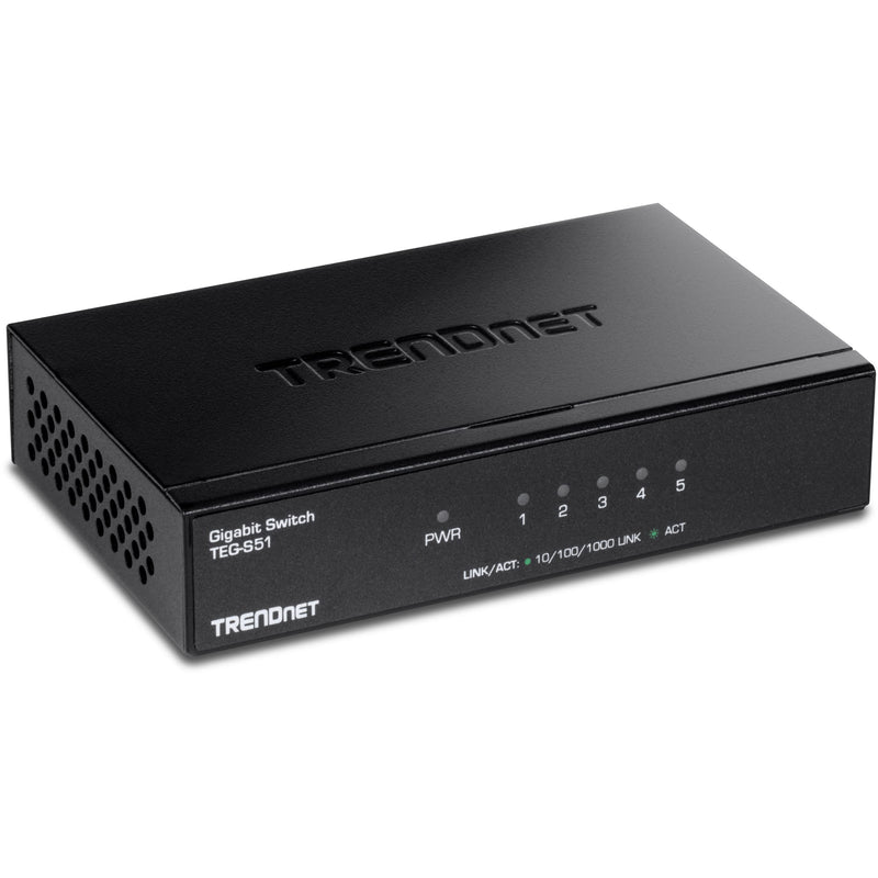 TRENDnet Gigabit Desktop Switch, TEG-S51, 5 x Gigabit RJ-45 Ports, Ethernet Splitter, 10Gbps Switching Capacity, Fanless Design, Metal Enclosure, Lifetime Protection 5-Port Gigabit