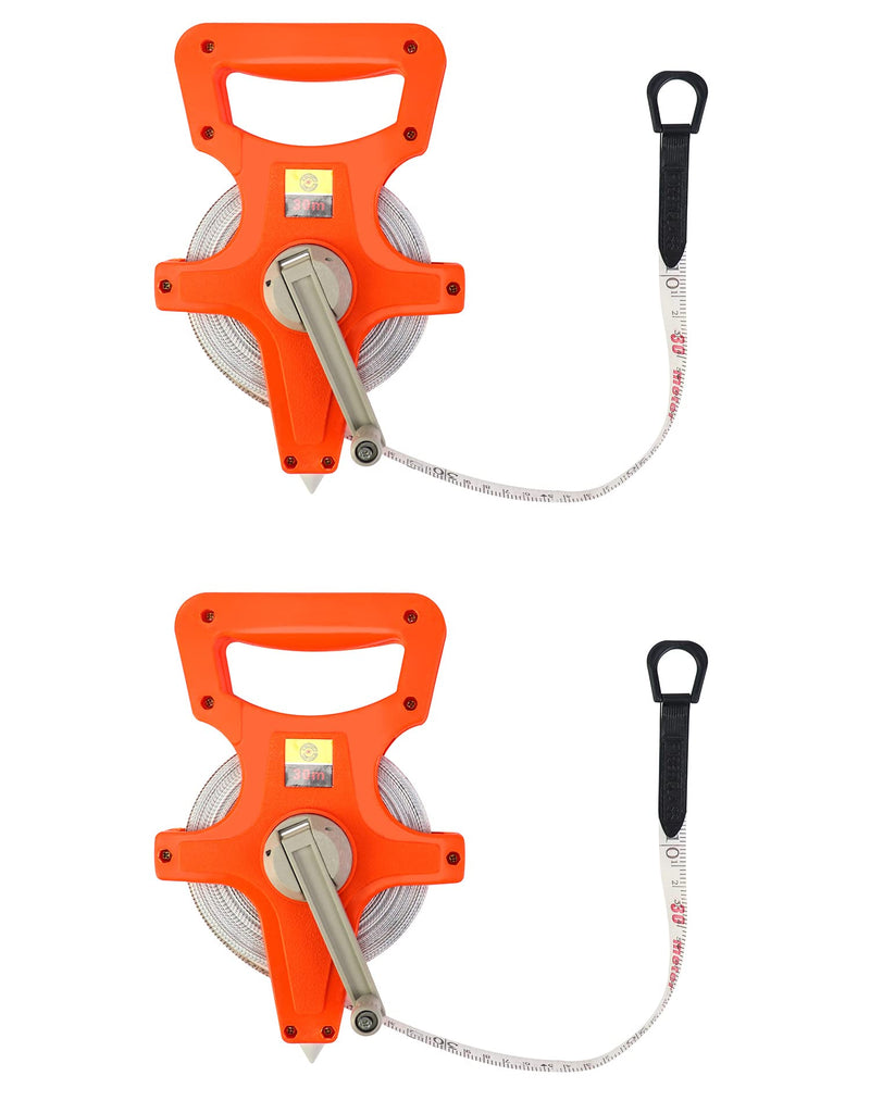 QWORK 1/2" x 100' Fiberglass Tape Measure, 2 Pack Engineer's Open Reel Dual Sided Measure, Orange Orange - 2 pack 100 ft