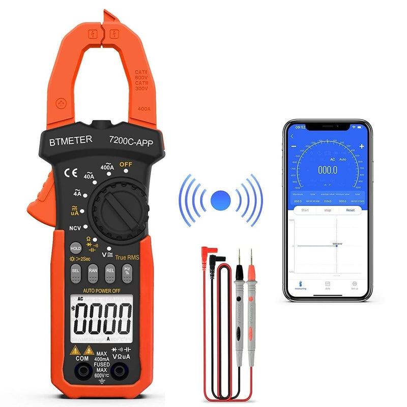 BTMETER Digital Clamp Meter Multimeter, Auto Range 4000 TRMS AC DC Voltmeter Ammeter Test Volt Amp Ohm Capacitance Frequency w/Data Export, Mini Multi Tester BT-7200CAPP 400A AC/4000uA DC Current + Bluetooth