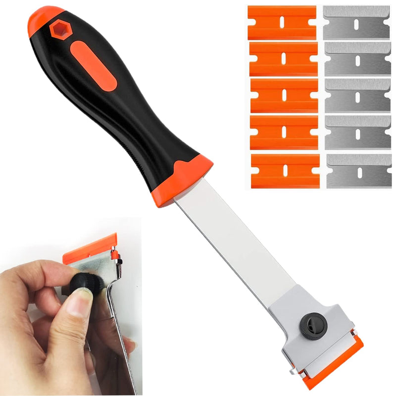DEKEones Razor Blade Scraper, Long Handled Scraper Tool with 10 Extra Replacement Blades, Razor Scraper Remover for Cleaning Sticker, Paint, Caulk from Window, Car, Glass, Windshield, Stove Orange-1PCS