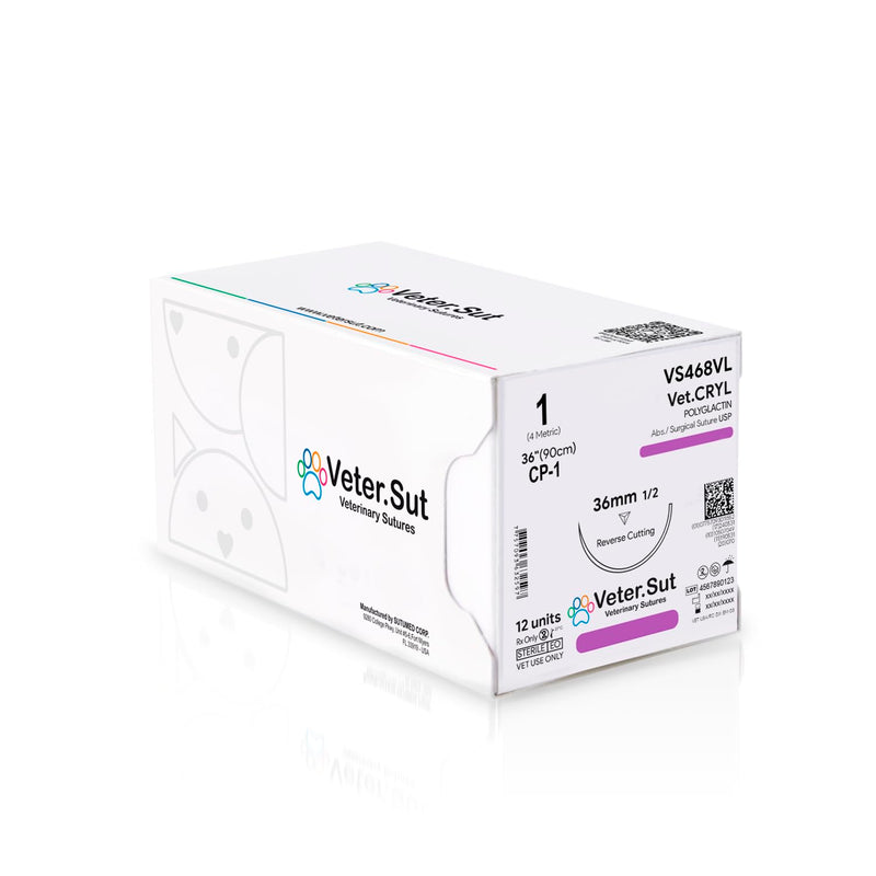 VeterSut VetCRYL Absorbable Polyglactin Surgical Suture USP Size 1, (CP-1) 1/2 36mm Reverse Cutting Needle, 36 Inches (90 cm), 12 Count, Veterinary Use Only