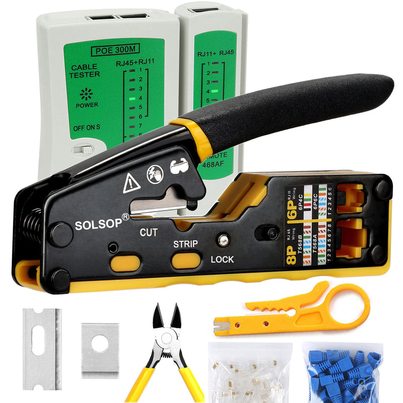 Solsop Pass Through RJ45 Crimp Tool Kit Ethernet Crimper CAT5 Cat5e Cat6 Crimping Tool Kit 6P/8P Crimper Set Yellow-A