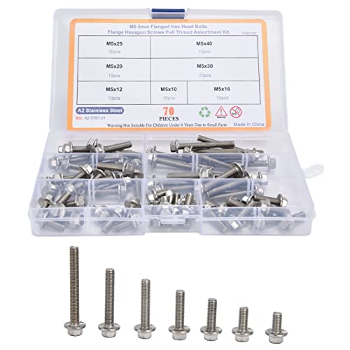 Flanged Hex Head Bolts 70 Pcs M5 Flange Hexagon Screws Stainless Steel Flanged Hex Head Bolts Assortment Kit Hardware Accessory