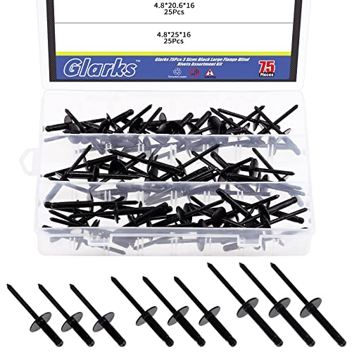 Glarks 75Pcs 3/16" x 5/8" / 13/16" / 1" Black Large Flange Blind Rivets Pop Rivets Assortment Set for Joining Metal Plate Pipe Automotive