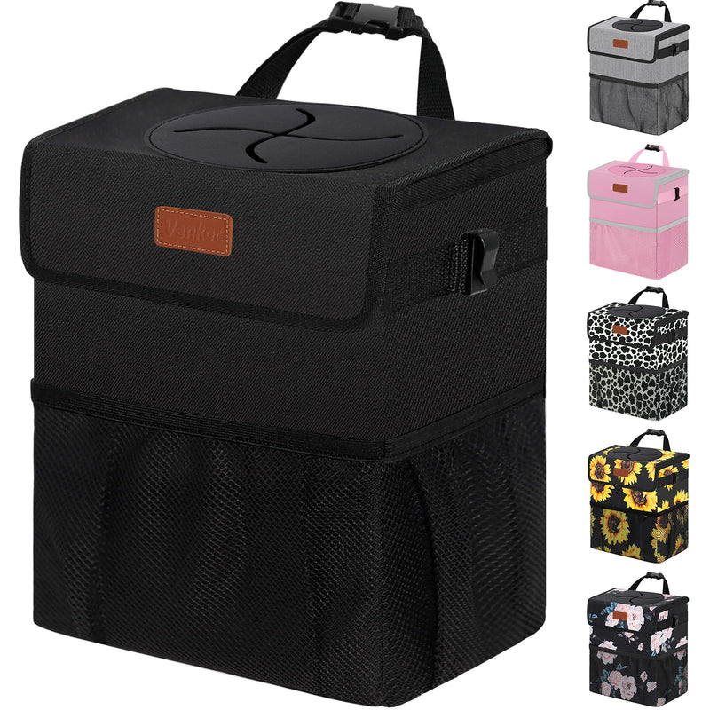 Car Trash Can Bin with Lid Hanging for Back Seat, Car Accessories for Women Men Leak Proof Automotive Garbage Cans Leakproof Vehicle Trash Can for Truck SUV Black 2.2 Gallons