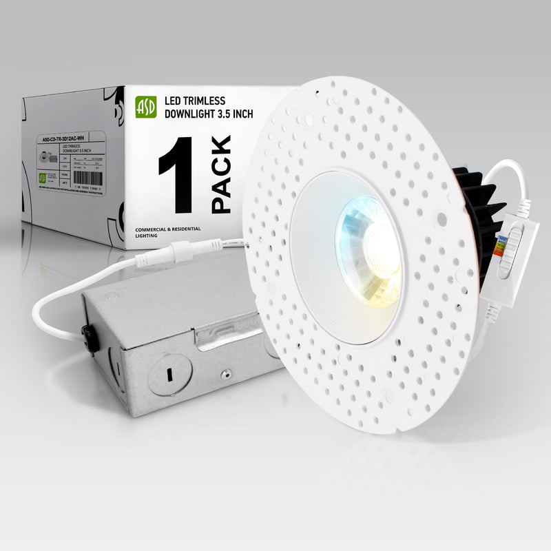 ASD Trimless 3 Inch LED Recessed Light, 12W 120V Round Commercial Downlight, Canless Dimmable Lights for Ceiling with J-Box, 5 CCT 2700K-5000K, CRI 90+, IC Rated, ETL, Energy Star, White Round 1 Pack 3" 12 Watt