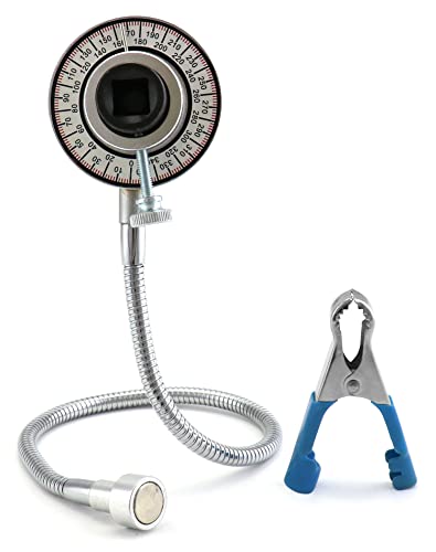 QWORK Torque Angle Gauge, 1/2" Drive Ratchet / Torque Wrench Angle Gauge, Angle Wrench Gaug with 16.5" Flexible Clamp Arm, Steel