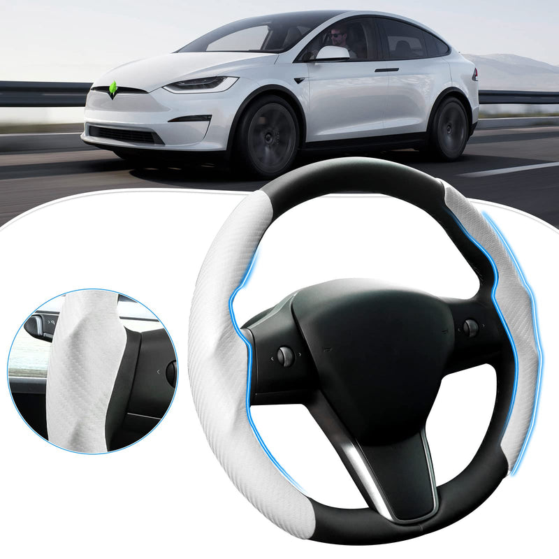 Custom-Fit Steering Wheel Cover for Tesla, Telsa Model 3 / Y Carbon Fiber Steering Wheel Cover for Men/Women, Anti-Slip, Comfortable Grip, Breathable, Model 3 / Y Accessories (White) White