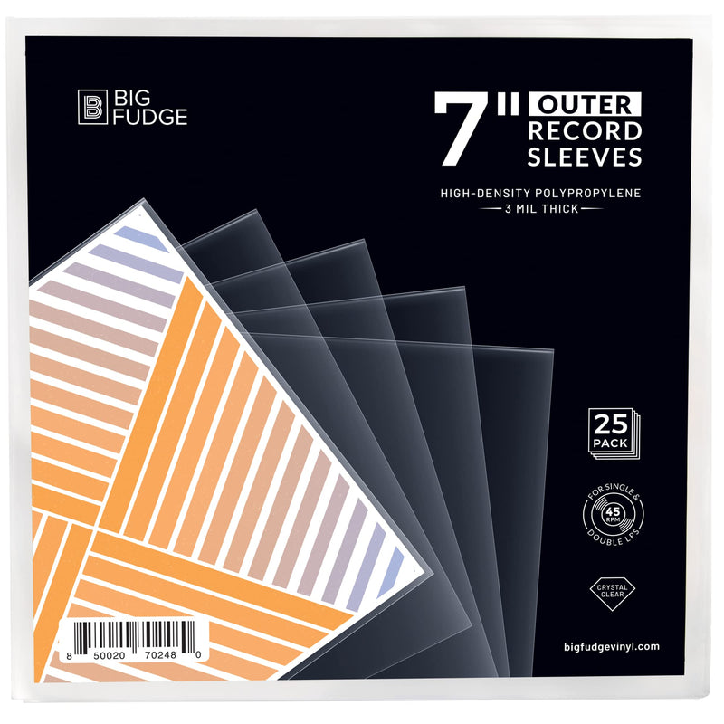 BIG FUDGE 25x Vinyl Record Outer Sleeves 7 inch | Durable & Wrinkle-Free | Crystal Clear & Made from High-Density Polypropylene | Best Vinyl Covers for LPs & Singles | 3 mil Thick, 7.42" x 7.42 7" 25