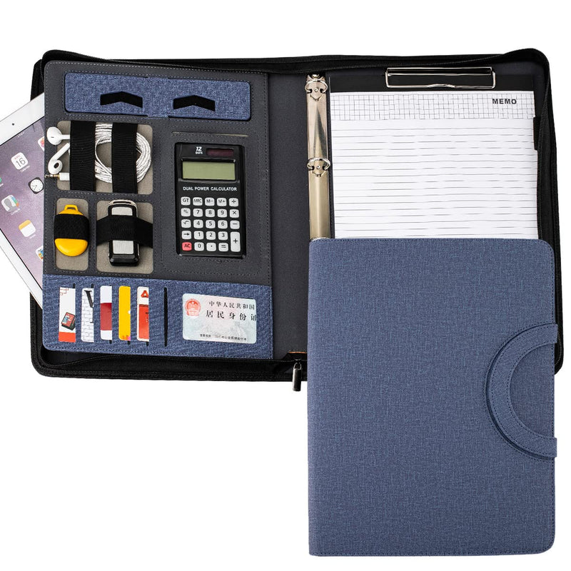 Zippered Padfolio Folder, A4 Multi-Function Portfolio Leather Combination case,with Notebook, Calculator, Business Conference Portfolio Organizer Notepad Folder Bag for Women/Men (Blue) With Calculator-blue