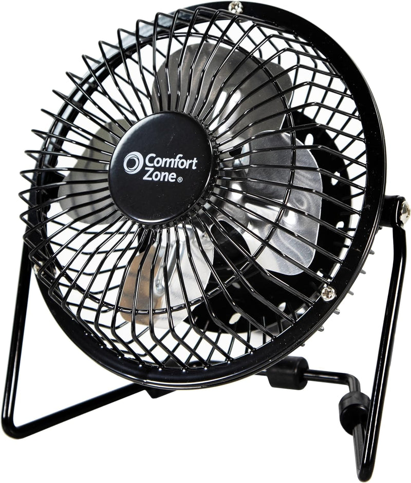 Comfort Zone Mini Portable Desk Fan with 360-Degree Adjustable Tilt, Dual Powered (USB or Power Cord), 4 inch, All-Metal Construction, Airflow 3.31 ft/sec, Ideal for Home, Bedroom & Office, CZHV4BK Black