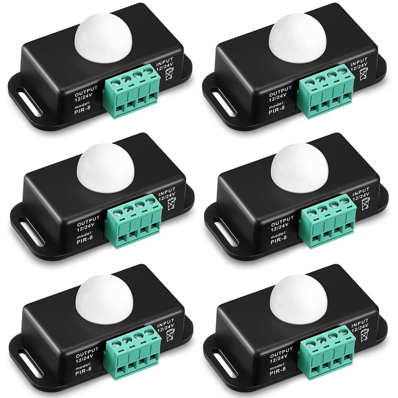 6 Pack 12V 24V PIR Sensor LED Motion Sensor Motion Detector Light Switch Body Infrared Sensing Timer Function Sign Control PIR Controllerfor Flexible LED Strip Lights(Black) Black