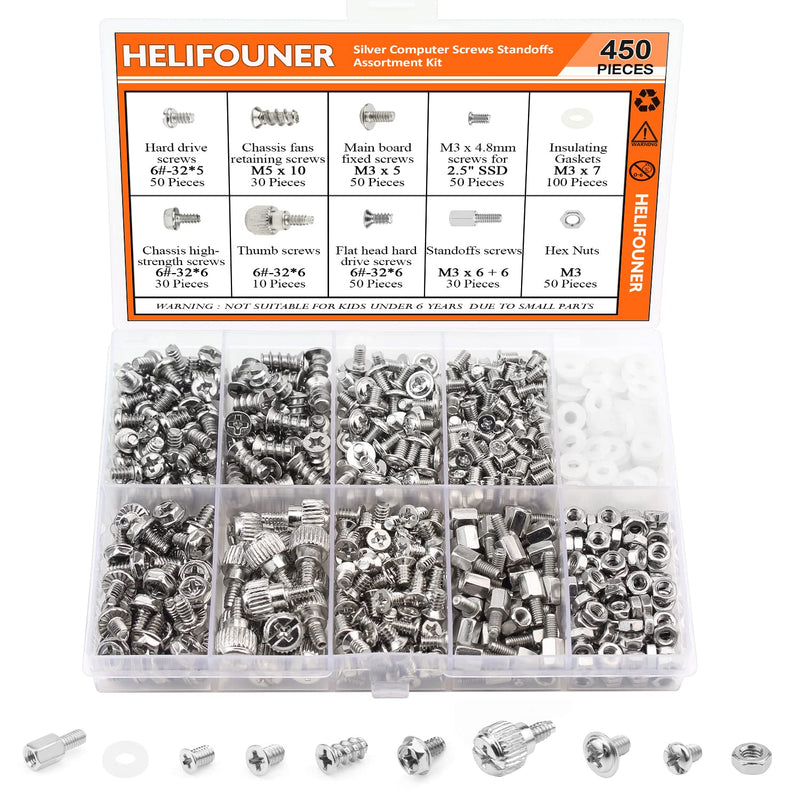 450 Pieces Computer Standoffs Screws Assortment Kit for 2.5" SSD, Hard Drive, Computer Case, Motherboard, Fan Power Graphics with Screwdriver, Silver
