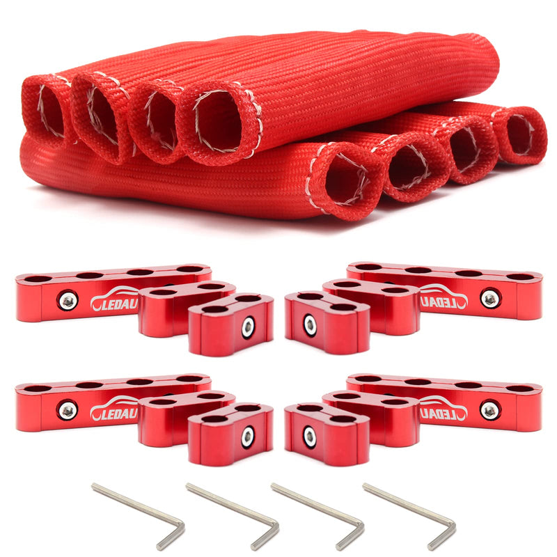 Red 8Cyl Spark Plug Heat Shield Protector and 12pc Engine Separator Insulating Fire Sleeve Wire Protector with Divider Suit for 8mm 9mm 10mm 18PCS Red