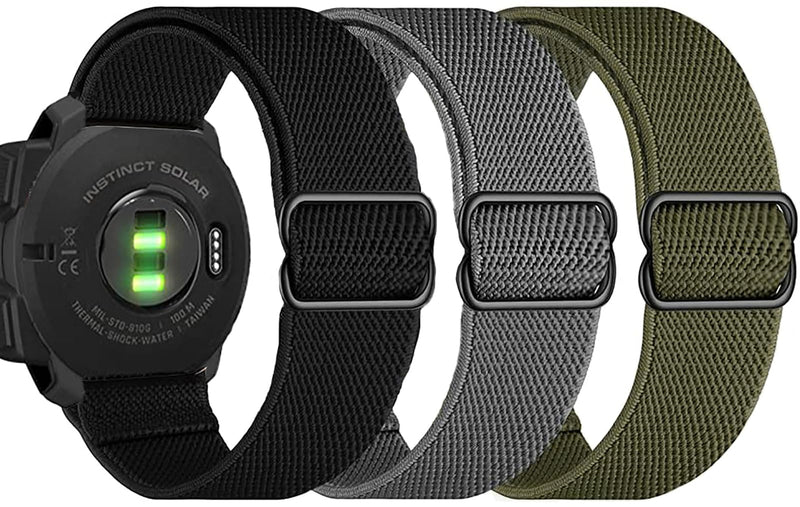  [AUSTRALIA] - Olytop for Garmin Instinct/Instinct 2 Solar Watch Bands, 22mm Soft Elastic Nylon Ultra-light Wristband Stretchy Replacement Strap Men Women for Garmin Instinct Tactical/Esports/Solar/Tide, 3 Pack Black+Grey+Army Green