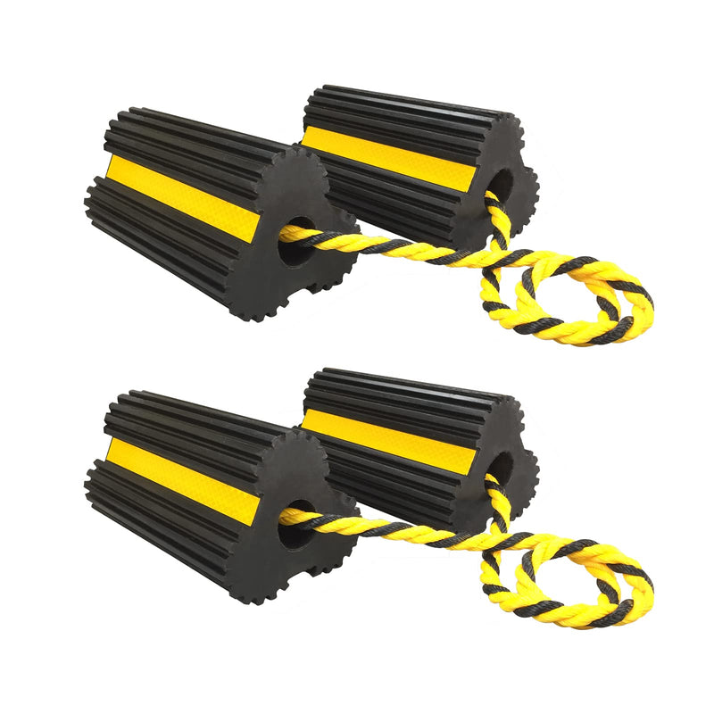 2 Pair Rubber Heavy Duty Dual Wheel Chocks Front and Back, RV Leveling Blocks Non Slip Base with Nylon Rope Yellow Reflective Tape for Travel Trailers, Car, Camper, Truck (4 Pack) 2 PAIR
