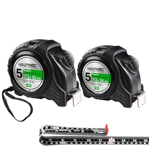  [AUSTRALIA] - HAUTMEC Tape Measure 16ft/5m Dual Scale Metric Measuring Tape, Auto-Lock with Nylon Coated Blade & Rubber Case, for Construction, Woodworking, DIY HT0100-2PC 16ft-2PC