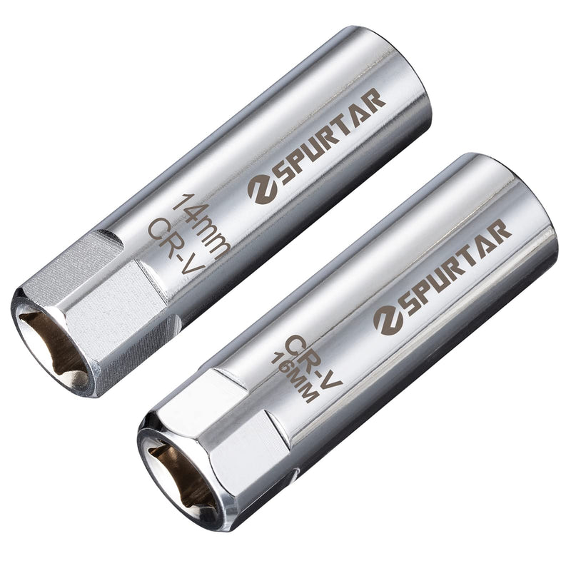 Spurtar 14mm 16mm Spark Plug Socket Set Thin Wall 12-Point 3/8-Inch Drive Spark Plug Tool Set for Auto, Fits BMW Peugeot Benz Nissan Cars Motorcycle SUV ATV with Spring Clips 2pcs CRV Steel Tool 14mm & 16mm