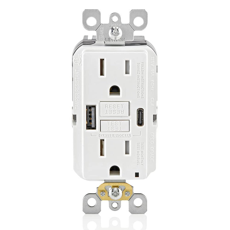 Leviton 15A SmartlockPro Self-Test GFCI Combination with Type A & Type-C USB in-Wall, USB Charger for Smartphones and Tablets, GUAC1-W 15A Type A/C USB w/GFCI White