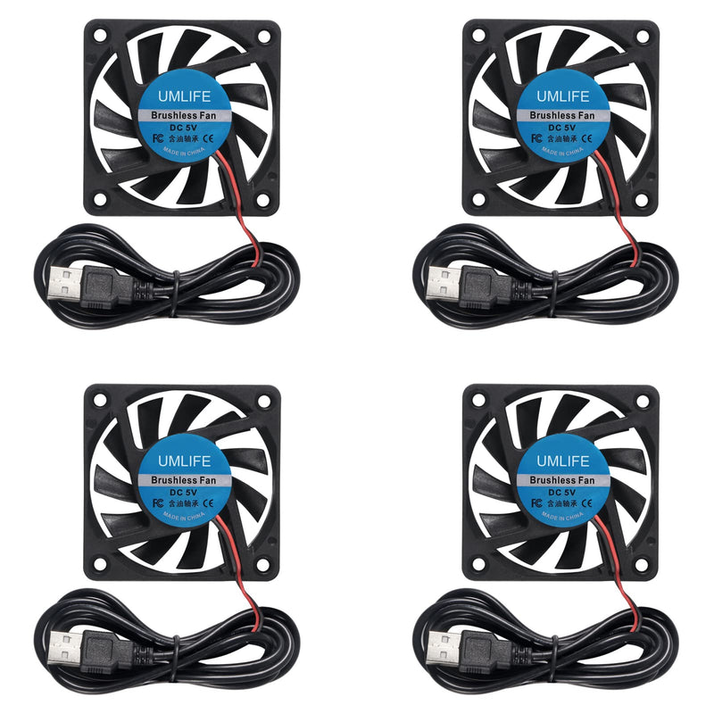 UMLIFE 60mm Fan, 4-Pack 5Volt 0.18A USB 60x60x10mm 6010 Brushless DC Computer CPU Heat Sink Cooling Cooler Fan 60mm x 10mm 6010 5V USB