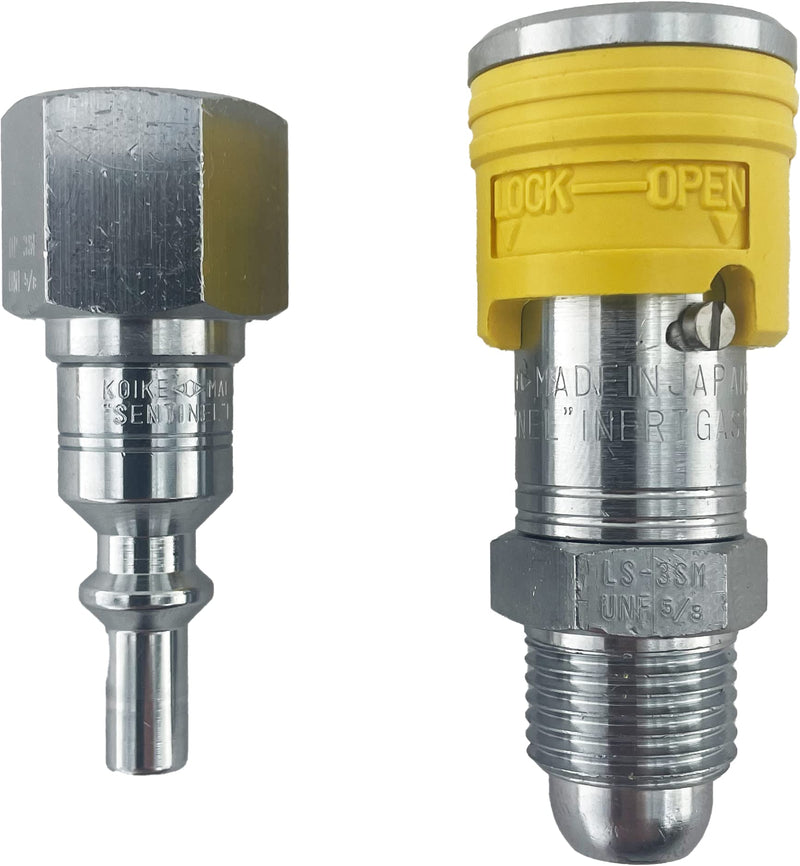 Koike Welding Inert Couplers, Regulator to Hose, Safe Welding Disconnect, Single Push Secure Locking System.