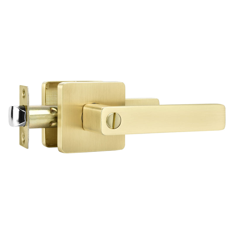 Leydebong 1 Pack Gold Door Knobs with Lock, Heavy Duty Interior Privacy Door Handle for Bed/Bathroom, Reversible Flat Levers with Square Rosette Privacy Lock (Keyless)Bedroom/bathroom