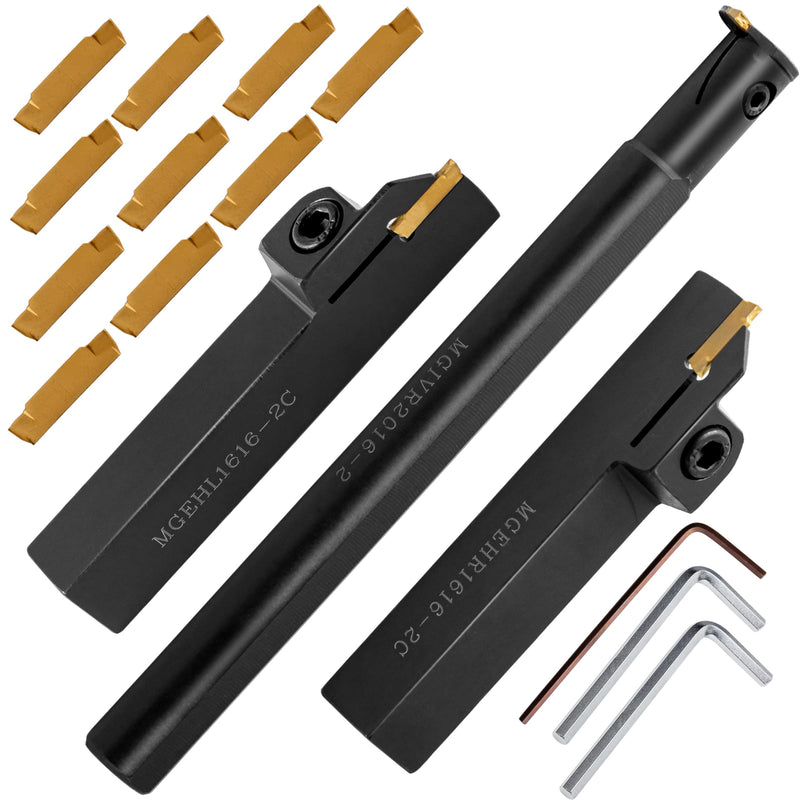 5/8" Large Shank Lathe Grooving & Part-Off Set (3pcs), Internal & External Deep Grooving, 10pcs TiN Coated MGMN200 Inserts, Extra-Rigid Nitrided Stability 2PCS Threading Holder + 10PCS Carbide Inserts