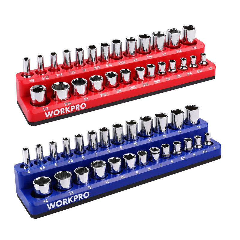 WORKPRO 1/4-inch Magnetic Socket Organizer Set, 2-Piece SAE & Metric Socket Holders, Holds 52 Standard and Deep Sockets for Tool Box, Tool Carts (Sockets Not Included) 1/4" SAE&Metric