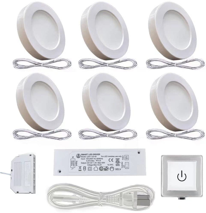 VST Under Cabinet Lights Plug in with Wired Touch Dimmer Switch,Recessed or Surface Mount,Natural White 3000K 12V 2W(12W Total, 60W Equivalent),6 Pack White Puck Lights Fixtures White 6 Pack