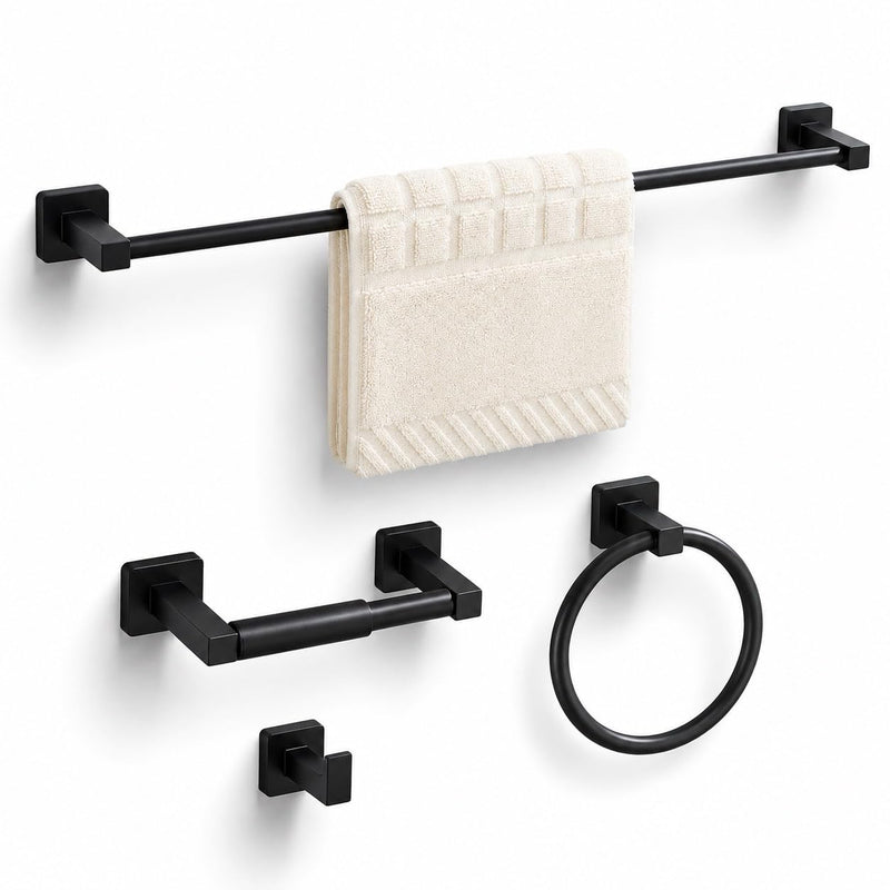 Matte Black Bathroom Hardware Set 4 Pieces,Bathroom Accessories Set Stainless Steel Wall Mounted, Hand Towel Bar, Towel Ring, Robe Towel Hooks,Toilet Paper Holder,Towel Bar Set, 23.6 Inch Matte Black 23.6Inch