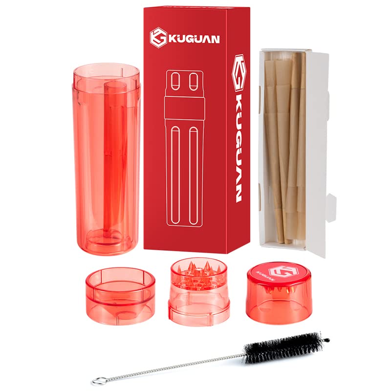 Groove J Cornelius Portable Spice Grinder Plastic All-in-One Cone Case with Magnetic Top - King Size Pre-Rolls (12 included), Rolling Machine for Single Cones (Red) Red