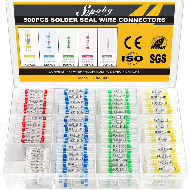 Sopoby 500PCS Solder Seal Wire Connectors, Self Soldering Heat Shrink Butt Connector Solder Sleeve Waterproof Insulated Electrical Butt Splice Wire Terminals for Marine Automotive Boat Truck 500 pcs