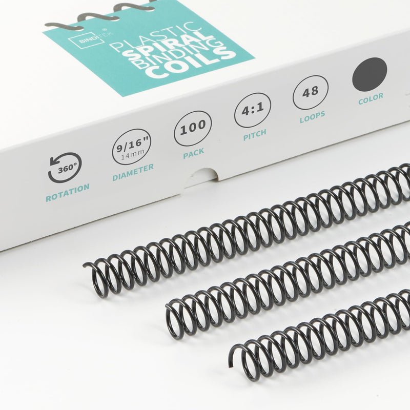 Binditek 100 Pack Plastic Spiral Binding Coils, 14mm(9/16"), 115 Sheet Capacity, 4:1 Pitch, Black, 48 Loops, for Students and Coworkers 100P , Black