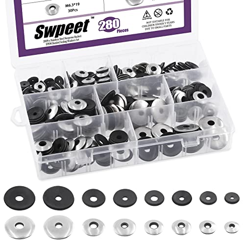 Swpeet 280Pcs 8 Sizes #8#10#12#14 Stainless Steel Neoprene EPDM Bonded Sealing Washers Gasket Assortment Kit, Rubber Bonded Sealing Washers for 8# 10# 12# 14# Screws Assortment Kit (280PCS)