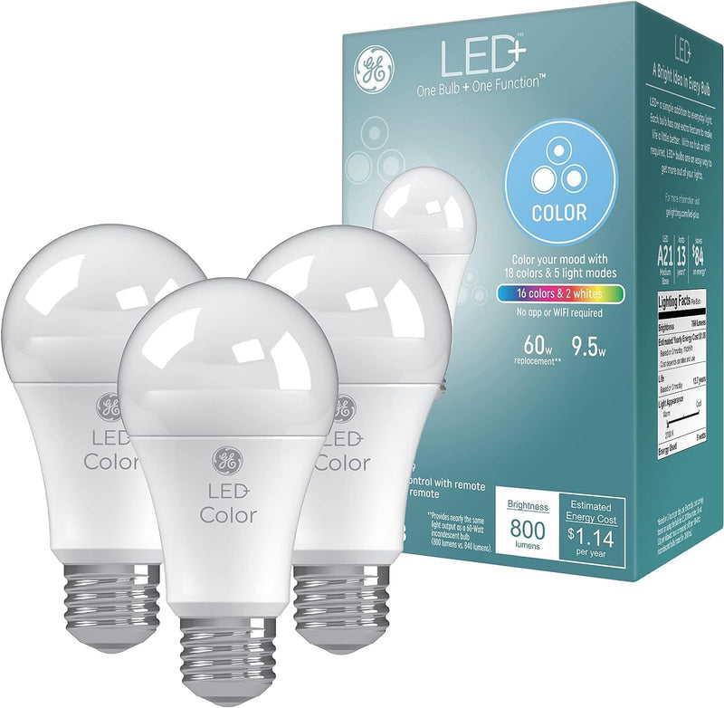 GE LED+ Color Changing LED Light Bulbs with Remote, No App or Wi-Fi Required, A19 Bulbs (3 Pack) 3 Bulbs