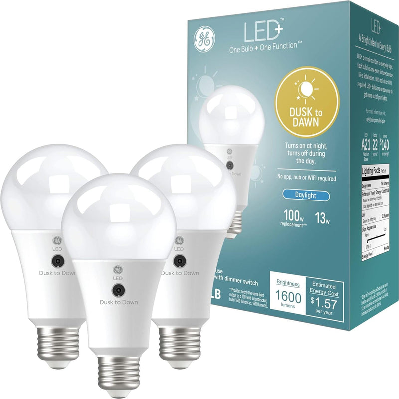 GE LED+ Dusk to Dawn A21 LED Light Bulb, Automatic On/Off Outdoor Light, 13W, Daylight (3 Pack) 3 Bulbs