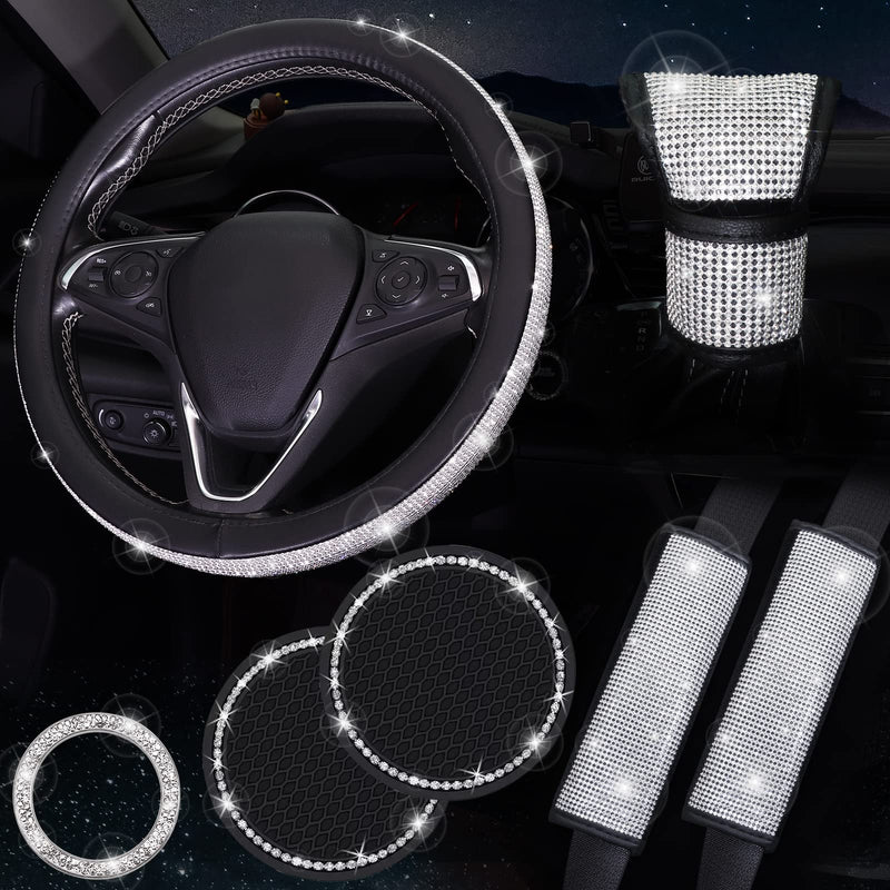 Bling Car Accessories for Women,7 Pack Sparkly Rhinestone Diamond Steering Wheel Cover Set,Bling Seat Belt Cushion,Shift Knob Cover,Push Start Button Accessories,Car Cup Coaster,Silver A-Classic Style White