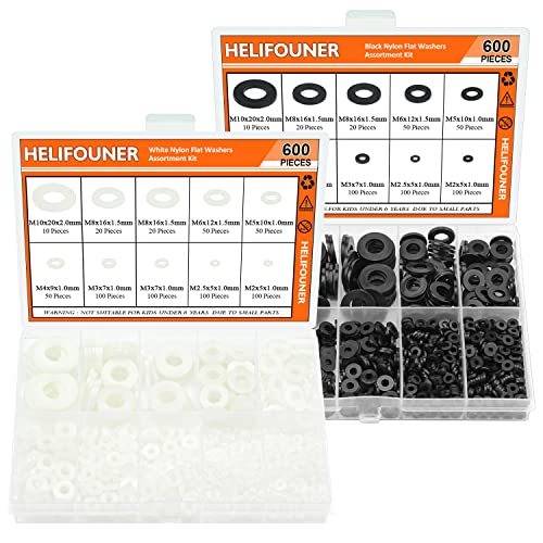 HELIFOUNER 1200 Pieces 8 Sizes White Nylon Flat Washers and Black Nylon Flat Washers Assortment Kit - M2 M2.5 M3 M4 M5 M6 M8 M10 White + Black