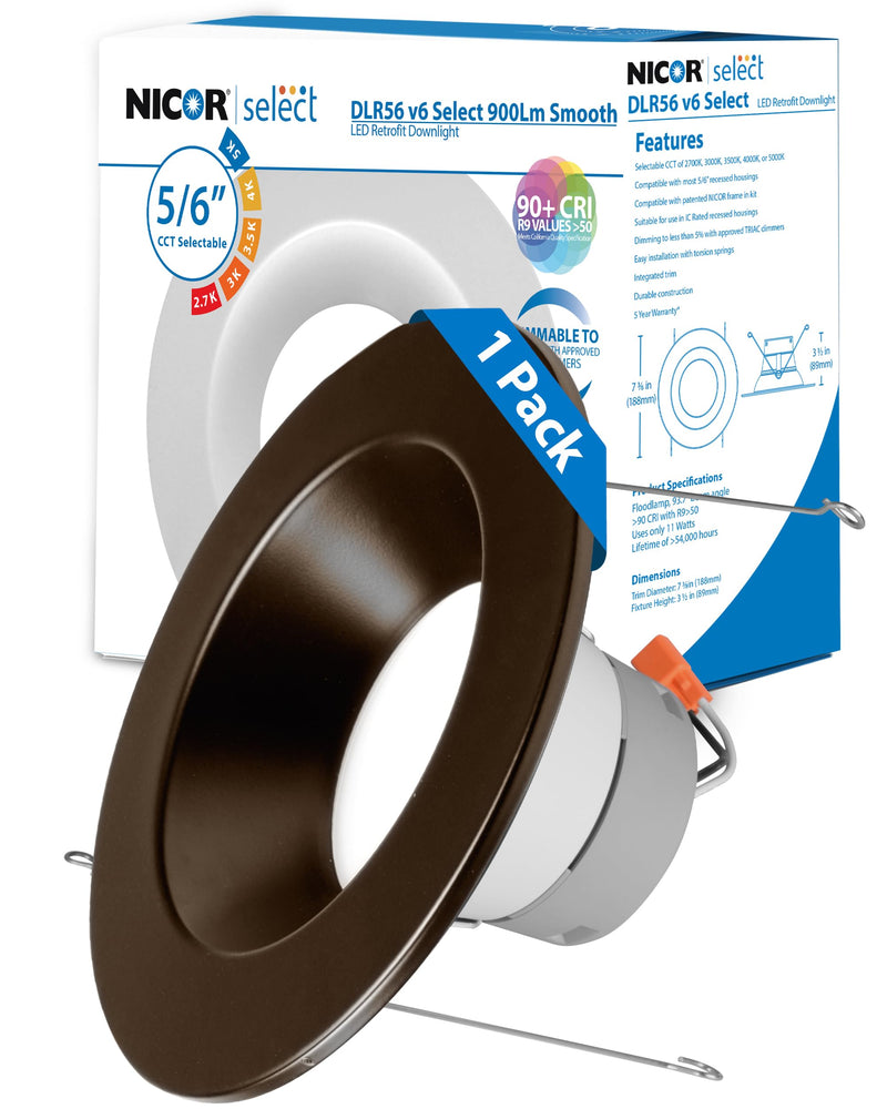 Recessed Ceiling Lights LED Downlight - 5/6 inch LED Recessed Light Fixtures - Selectable CCT 2700K-5000K, 918 Lumens, 10.3W - DLR56 Retrofit Ceiling Light, Bronze, 1-Pk by NICOR Lighting Oil-Rubbed Bronze 1 Pack