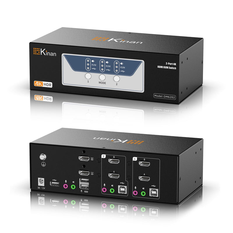 4K HDMI KVM Switch 2 Monitors 2 Computers, 4K@60Hz Dual KVM Switch for 2 Computers Sharing 2 Monitors, Keyboard, Mouse, Hard Drives, with EDID Adaptive,USB KVM Audio Independent/Asynchronous Switching HDMI 2 in 2 out