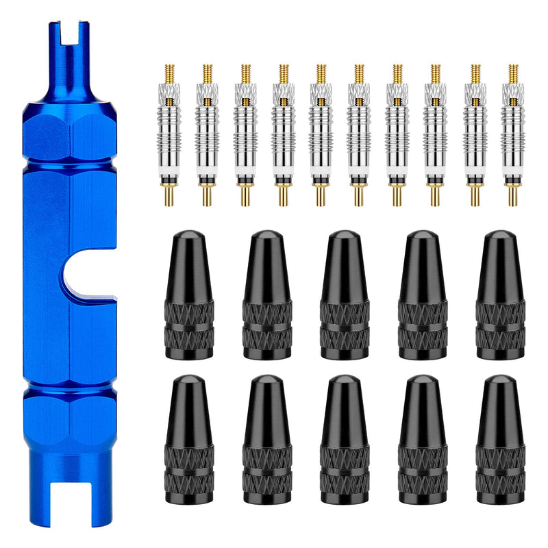 Presta Valve Core Bike Kit - 21 Pieces, Stem Removal Tool, Brass Valve Cores and Stem Caps Presta Valve Core