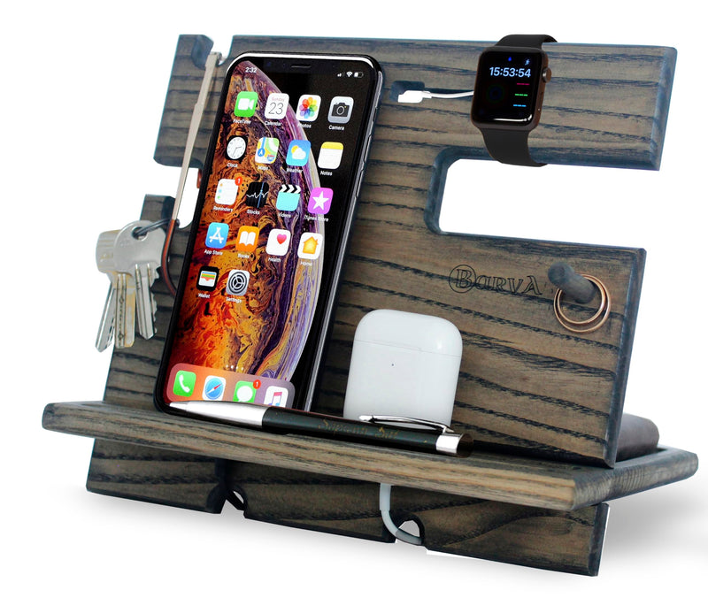 BarvA Rustic Phone Docking Station Desk Organizer | Night Stand Electronics Charging Station | Dresser Smart Watch Earbuds Phone Stand | Nightstand Organizer for Men | Bed Room Decor Gifts for Men Weathered Gray