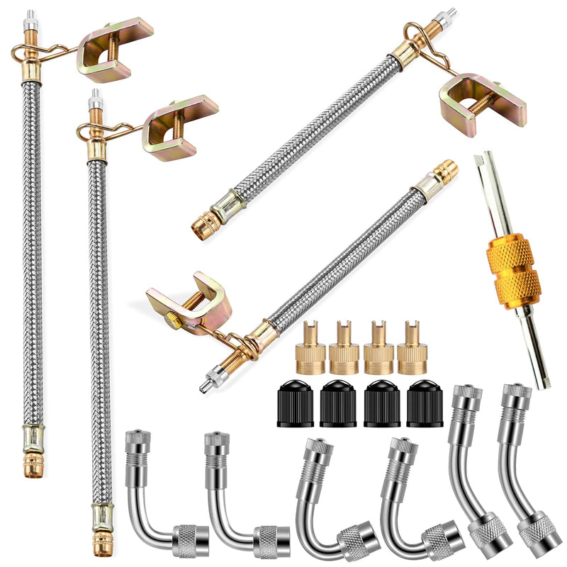 Valve Stem Extenders,4Pcs 7Inch and 12 Inch Dual Flexible Stainless Steel Braided Valve Stem Extensions,6Pieces 45 90 135 Degree Brass Valve Adaptors for Car Truck Motorhome Trailer RV Trucks 7 Inch, 12 Inch/Extensions