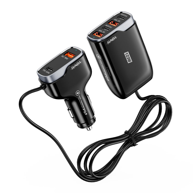 6 Multi Ports USB C Car Charger, 123W Fast Car Charger Adapter, PD 45W Compatible with iPhone16/Galaxy/Samsung S24, Type C Cigarette Lighter USB Charger with 5.7FT Cable for Rear Seat Charging(Black) CC60-Black 123W