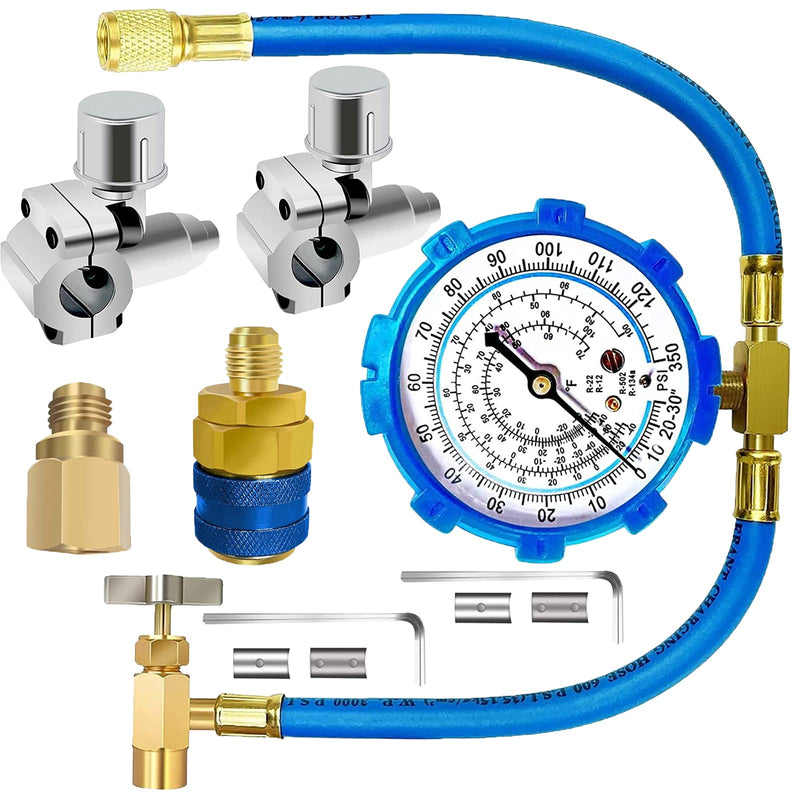 Refrigerator Freon Recharge Hose Gauge Kit-A/C R134a R12 R22 R502 Fridge Recharge Tool Kit with BPV31 Bullet Piercing Tap Valve, r134a Quick Coupler, R134a Self-Sealing Adapter for Refrigerant System B