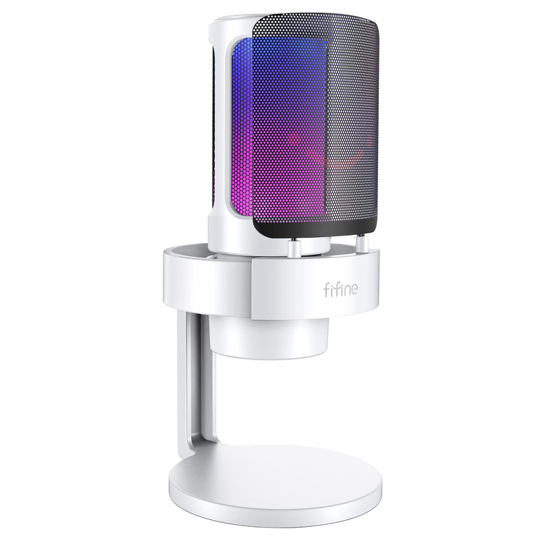 FIFINE Gaming USB PC Computer RGB Microphone for Live Streaming, Meeting, Podcasting, Video, Condenser Mic with Monitoring Headphone Jack, Light Control, for MAC OS/Windows-AmpliGame A8 White