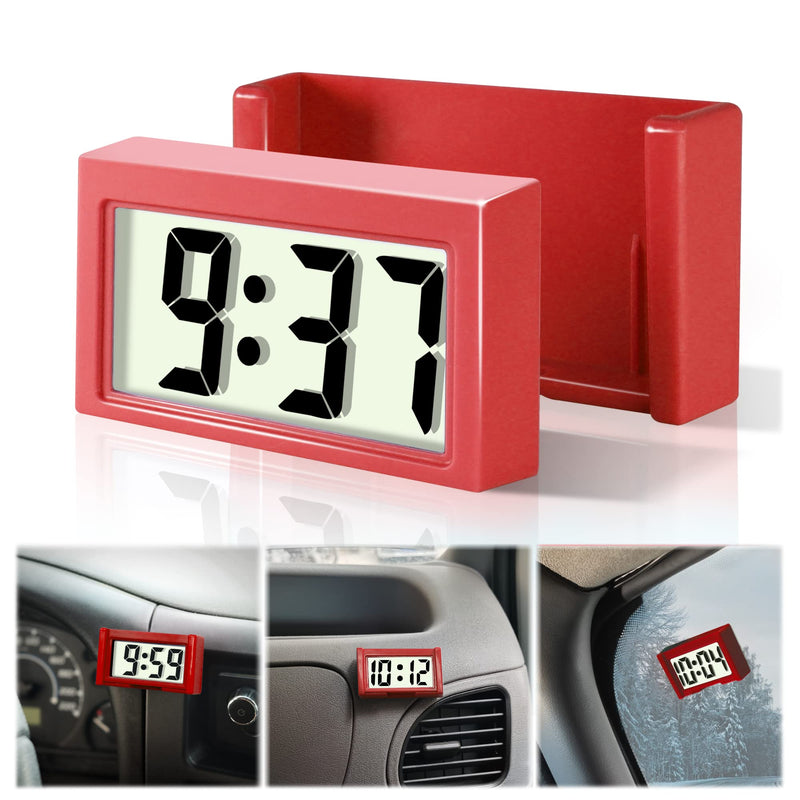 Betus Car Dashboard Digital Clock - Vehicle Adhesive Clock with Jumbo LCD Time & Day Display - Mini Automotive Stick On Watch for Car Truck Dashboard & Air Vent Red - Pack of 1